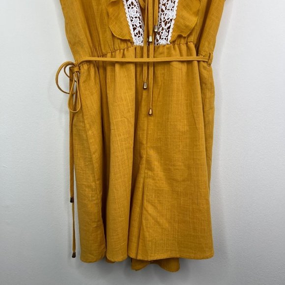 NWT Simplee Golden Yellow Crochet Lace Trim Romper - Tie Back - Linen - Medium - Picture 14 of 14